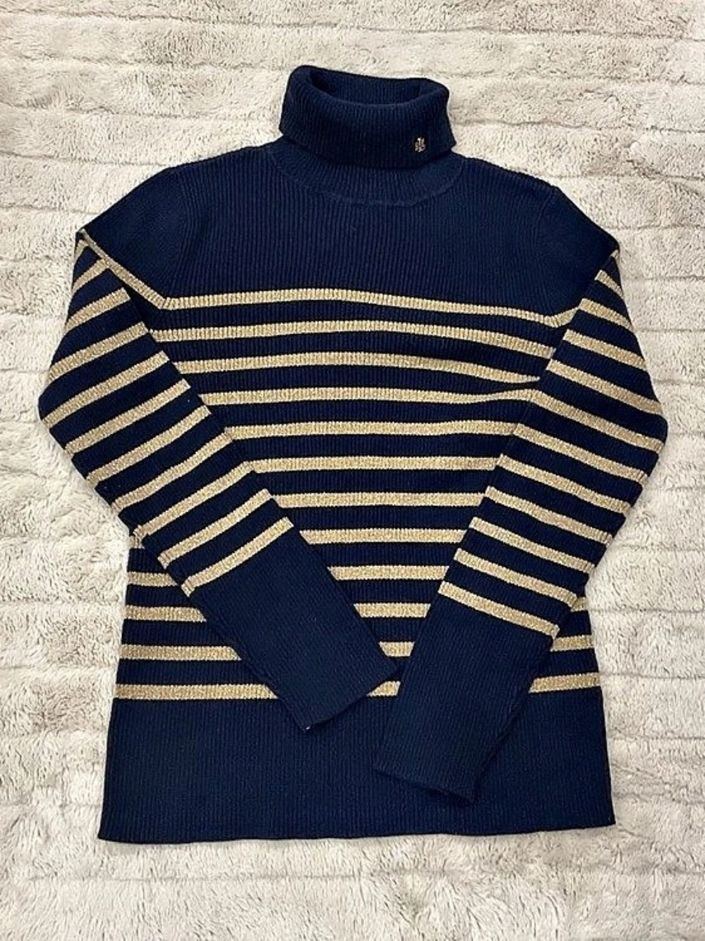 Lauren Ralph Lauren Metallic Stripe Ribbed Turtleneck Sweater Blue & Gold